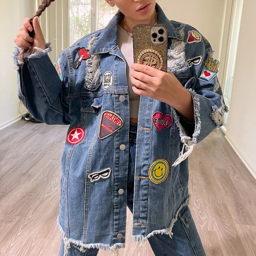 Oversized denim jacket with pockets and patches